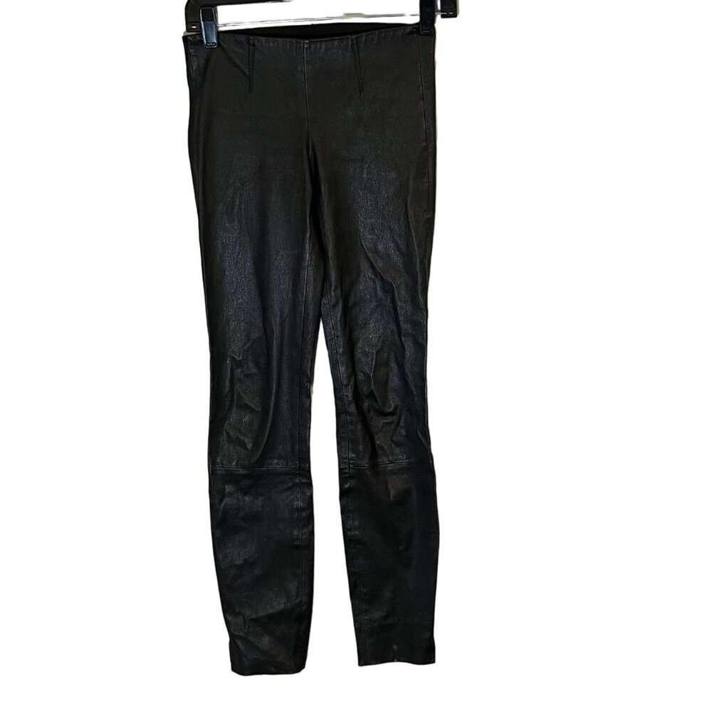 Theory Belisa L 100% Lambs Leather Black Pull On Skinny Pants Ankle Slits Sz‎ 00